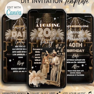 Puede incluir: Tres smartphones que muestran una plantilla de invitación DIY para una fiesta temática de los años 20. El diseño presenta elementos Art Deco dorados y negros, texto e imágenes de una pareja con vestimenta vintage. La plantilla es editable con Canva.