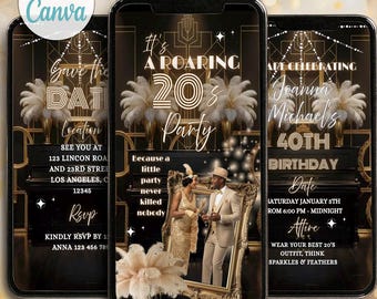 Invitación a Black Harlem Nights, plantilla de invitación de cumpleaños de El Gran Gatsby, art déco digital, volante vintage animado de los años 20 de Evite.