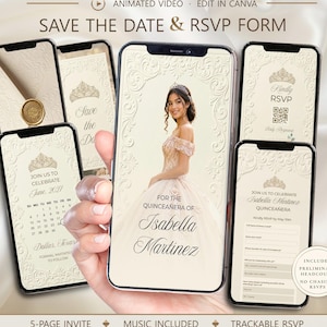 Quinceañera Save The Date Video Invitation Sweet 16 Digital Invite Beige Neutral Gold 15th Birthday DIY Editable RSVP QR Code Trackable Form