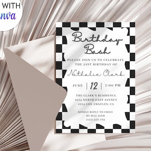 White Black Checkerboard Invite Template Printable retro Birthday Party Invitation Editable Wavy Dinner Invitation Card 5x7 Wave Template