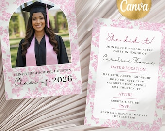 Graduation Invite 2025 Pink Toile de Jouy Graduation Party Invitation Template Printable Senior Grad Picture Party Invite College Grad Women