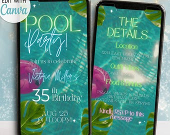 Editable Birthday Pool Party Invitation Green Pink Leaves Summer Birthday Pool Dinner Invite Digital Video Tropical Evite