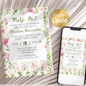 Floral Birthday Invitation Template, Editable Digital Download, 25th Party Celebration Invite, mahjong games invite