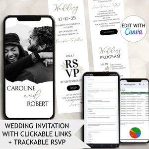 Enlaces del programa de invitación de boda en blanco y negro para la web Plantilla de invitación para sitio web de boda digital con seguimiento de RSVP Imágenes Formulario de Google para bodas en línea