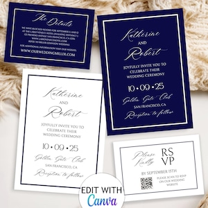 Navy Blue Wedding Invitation Suite Template with RSVP and Details Classy Blue Wedding Invite Set with Border Classy Wedding Invite Suite