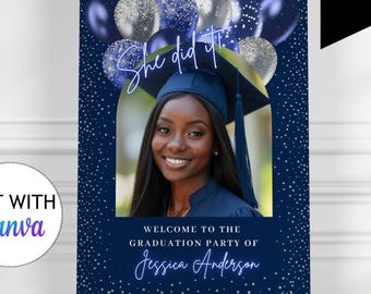 Silver Navy Blue Graduation Welcome Sign Senior Class of 2025 Dinner Party DIY Welcome Poster Graduate Yarn Sign Photo Editable College Grad