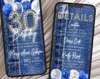 Plantilla de invitación de video digital para el 30 cumpleaños en mezclilla blanca y azul DIY con diamantes y texto. Invitación para fiesta de treinta jeans azules.
