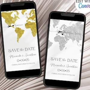 Save-the-date bestemming huwelijksuitnodiging sjabloon gouden bewaardatum zilveren kaart stadsbestemming bruiloft uitnodiging digitale reisbruiloft