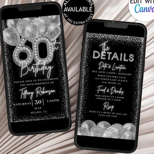 May include: A black and silver digital invitation for a 60th birthday party. The invitation features a large number 60 with silver glitter and rhinestones. The text "60th Birthday" is written in a white script font. The invitation also includes the date, time, and location of the party. The text "Please join us to celebrate the 60th birthday of Tiffany Robinson" is written in a white sans-serif font. The invitation also includes the date, time, and location of the party. The text "Saturday 30 July 7:00PM Miami, FL" is written in a white sans-serif font.
