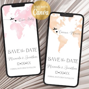 Pink Map Destination Wedding Invitation Save the Date Evite Color World Map Save Our Date Text Invitation Airplane Travel City Editable