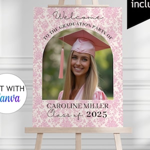 Pink Toile Graduation Welcome Sign Template Class of 2025 Graduation Poster Editable Senior Graduation Yard Sign