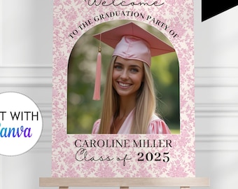 Pink Toile Graduation Welcome Sign Template Class of 2025 Graduation Poster Editable Senior Graduation Yard Sign Template Grad Party Decor