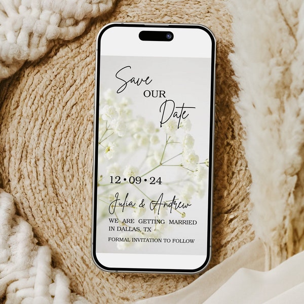 Digital Baby's Breath Save the Date Video Invitation template Gypsophila Save Our Date Evite Animated Template Phone text Invite Editable