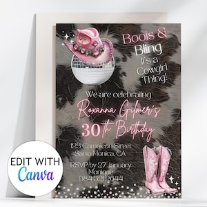 Pink Disco Cowgirl Birthday Party Invitation Template Editable Pink disco Cowhide Party invite Boots and Bling Party Rodeo Girl Video Evite