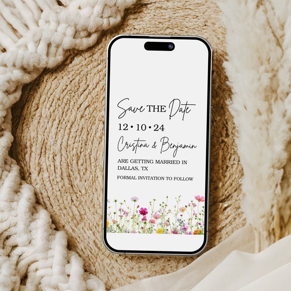 Floral Electronic Save The Date Invite Template Wildflower Text Invitation Minimalist Mobile Invite Boho Flowery Evite Digital Save our Date