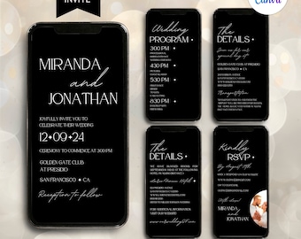 May include: A digital 5-page wedding invitation set displayed on smartphone screens with a black background and white text. The design includes a wedding invite, program, details, and RSVP card featuring the names Miranda and Jonathan.