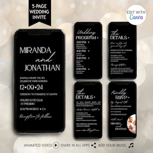Puede incluir: Un conjunto de invitaciones de boda digitales de 5 páginas en pantallas de teléfonos inteligentes con fondo negro y texto blanco. El diseño incluye una invitación, programa, detalles y tarjeta RSVP con los nombres Miranda y Jonathan.