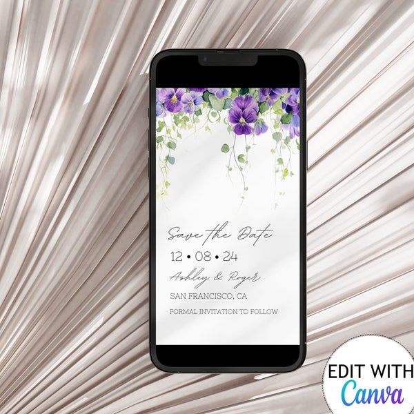 Editable Floral Save the Date Invitation template Purple flower Invite Classic Mobile Invite Text Wedding Announcement Save our date Flowery