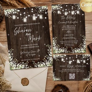 May include: A wedding invitation suite featuring a dark brown wood grain background with white string lights and mason jar lanterns. The text includes names Sharon and Mark, event details, and a QR code. A cream envelope with a gold wax seal is included.