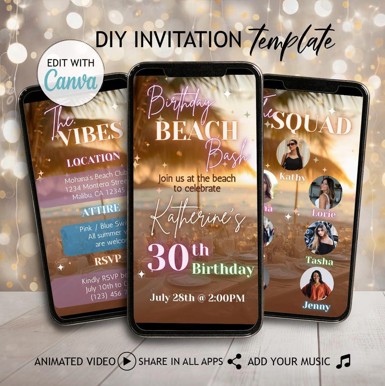 Digital Beach Party Invitation Itinerary Template, Beach Birthday Bash, Animated Invite Summer Beach Picnic Evite, Pink Beach Itinerary Invite