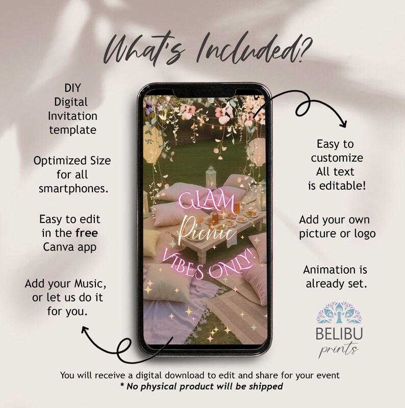 DIY Digital Wedding Invitation Template, Glam Picnic Vibes, Customizable Video Download