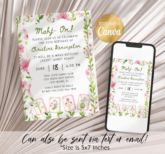 Watercolor Mahjong Party Invitation Template Floral Mahj On Party Ladies Games Night Mahjong Lessons Invite Grandmillennial Mahjong Invite