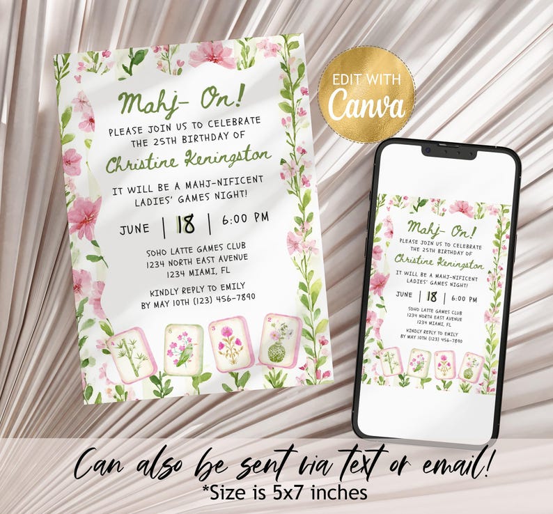 Floral Birthday Invitation Template, Editable Digital Download, 25th Party Celebration Invite, mahjong games invite