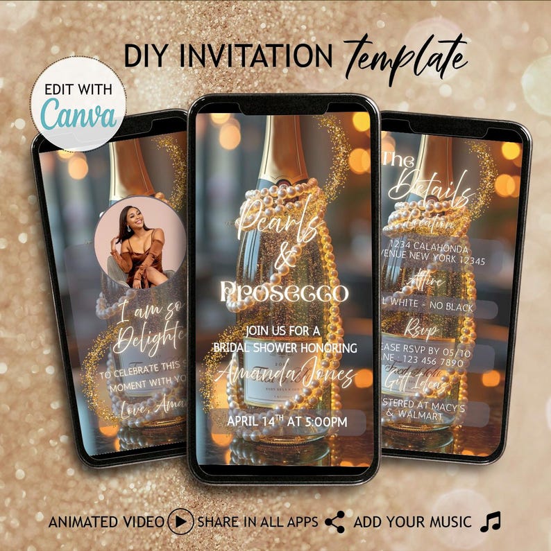 Pearls and Prosecco Theme, Pearls Prosecco Bridal Shower Invitation, Animated Template, Pearls Bridal Shower Invite