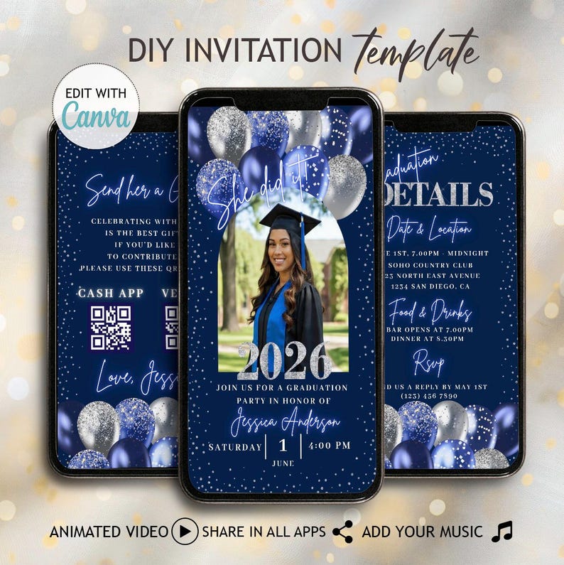 Custom Graduation Invitation Template, Navy and Silver Theme, Editable Digital Download, Navy Blue Silver Editable Graduation Invite TemplateGraduation Party Invitation Dinner Vide Class 2026 Grad Announcement Picture + QR Code