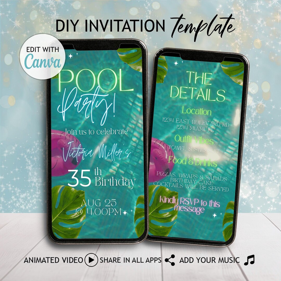 Editable Birthday Pool Party Invitation Green Pink Leaves Summer ...