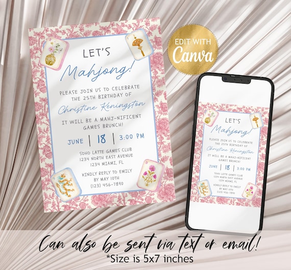 Pink Mahjong Invitation: Floral Toile Lets Mahjong Invite Template Editable Ladies Mah Game Brunch or Dinner Invite DIY Grandmillennial
