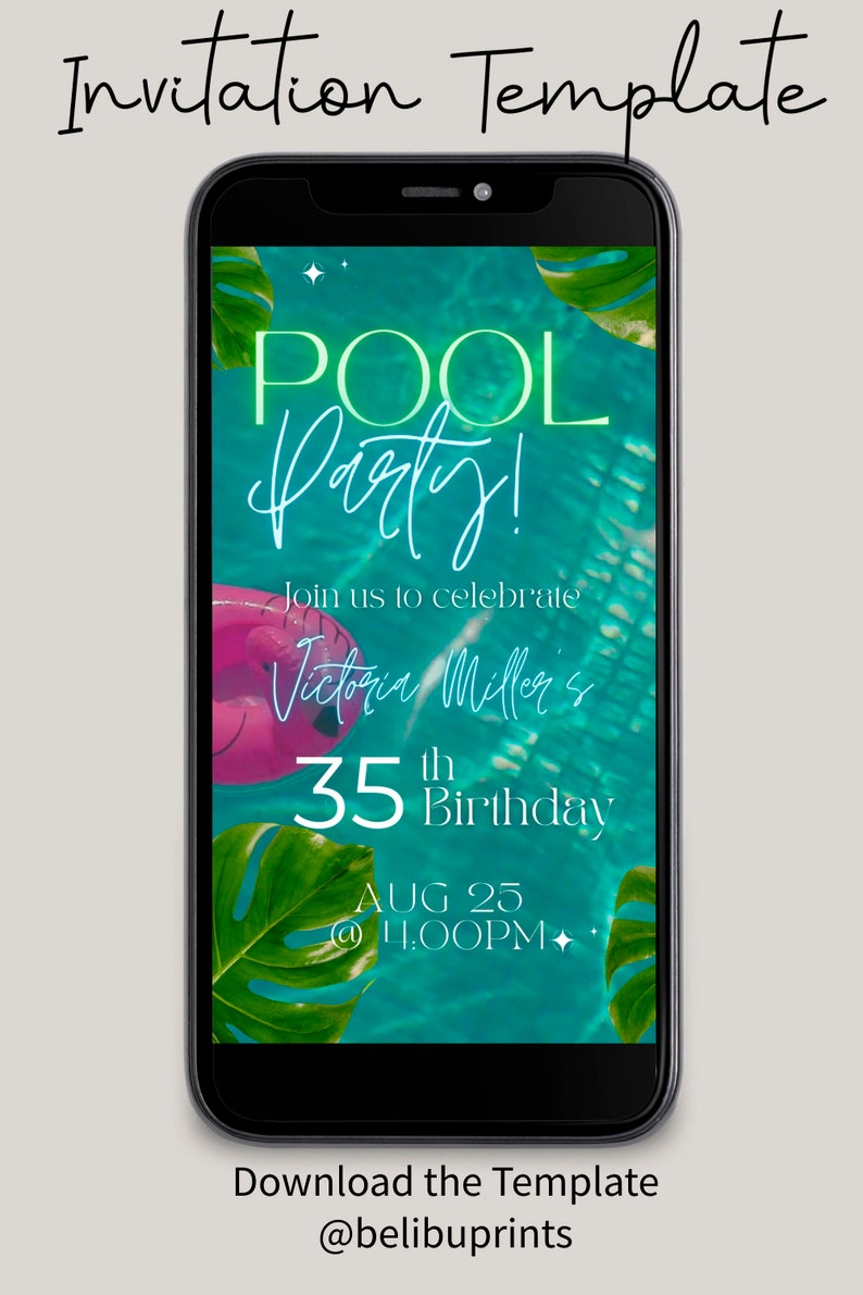Editable Birthday Pool Party Invitation Electronic Green Pink Leaves ...