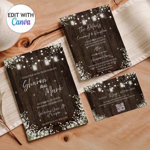 Printable Rustic Wedding Invitation Set: Country Wedding Invitation Template with Mason Jar Lights Barn Wood DIY Editable White Floral RSVP