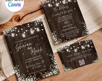 Printable Rustic Wedding Invitation Set: Country Wedding Invitation Template with Mason Jar Lights Barn Wood DIY Editable White Floral RSVP