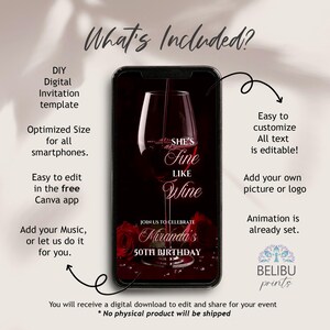 Invito floreale rosso fine come il vino per il 40°, 50° e 60° compleanno, invito fai da te per cena di degustazione di vini, video di eleganza invecchiata, invito digitale immagine 2