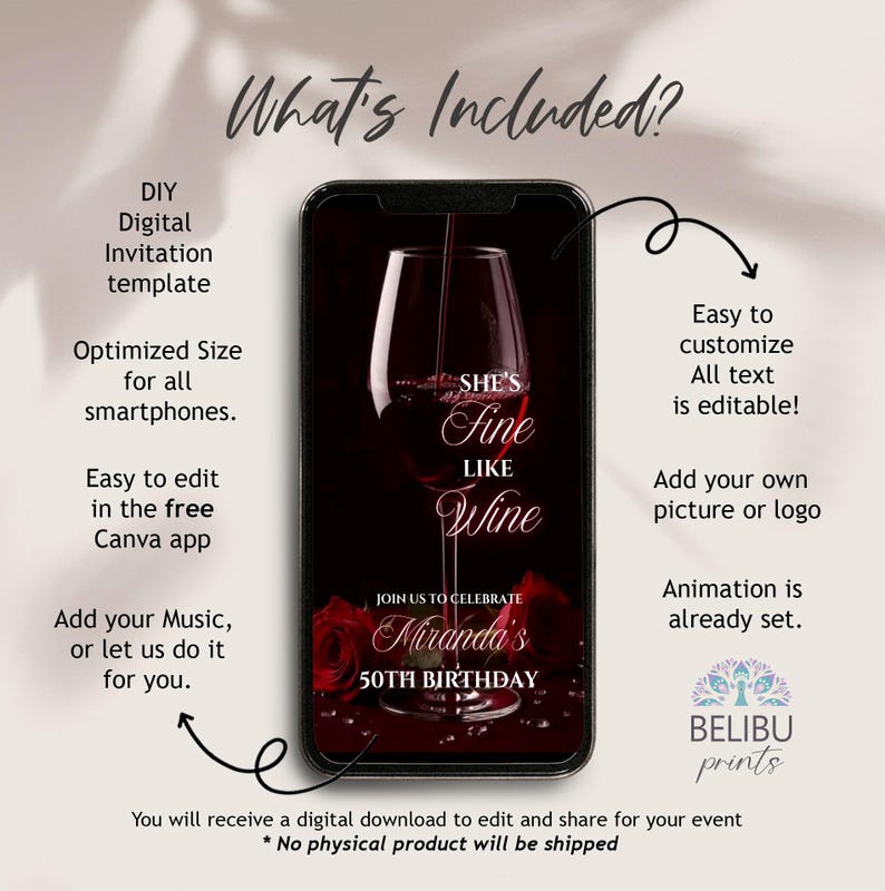 Invito floreale rosso fine come il vino per il 40°, 50° e 60° compleanno, invito fai da te per cena di degustazione di vini, video di eleganza invecchiata, invito digitale immagine 2