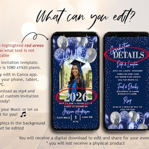 Digital Graduation Invitation Template 2025, Navy Blue Gold Customizable DIY Video Announcement Download