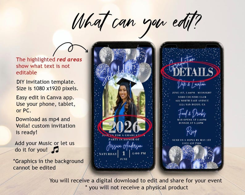 Digital Graduation Invitation Template 2025, Navy Blue Gold Customizable DIY Video Announcement Download