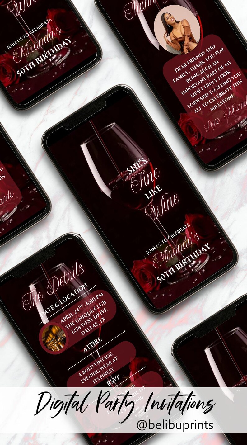 Invito floreale rosso fine come il vino per il 40°, 50° e 60° compleanno, invito fai da te per cena di degustazione di vini, video di eleganza invecchiata, invito digitale immagine 7