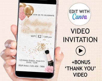 Editable video animated dinner invitation pink Electronic invite phone gold glitter invitation template 40th birthday digital evite custom