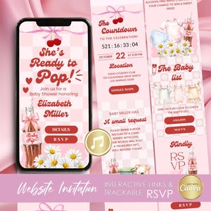 Peut inclure: Une invitation numérique pour une fête prénatale affichée sur un écran de smartphone avec un fond à carreaux roses, des illustrations de cerises et le texte She's Ready to Pop, Elizabeth Miller et RSVP. Le design inclut des marguerites.