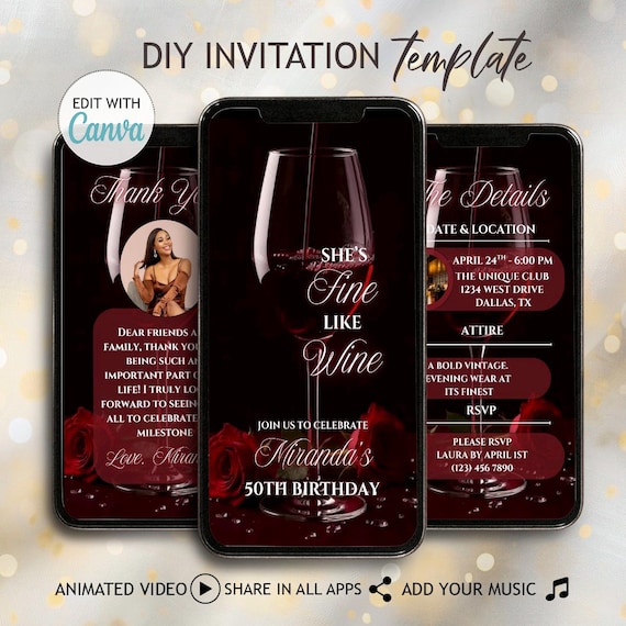 Red Floral Fine Like Wine Invitation 40th 50th 60th Birthday Invite DIY Wine Tasting Dinner Invite Classy Aged Perfection Video Evite Digita