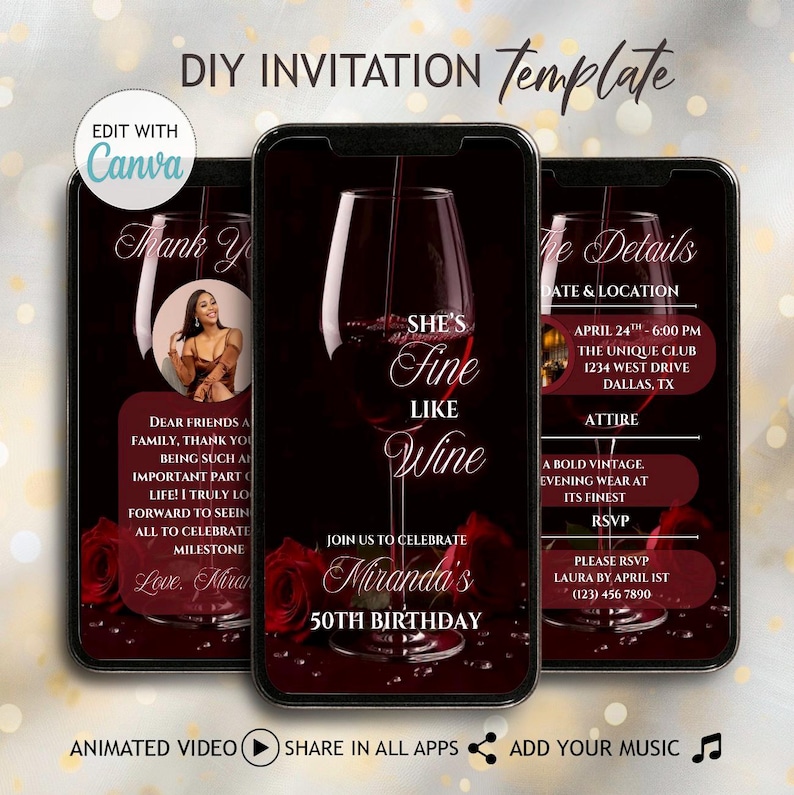Red Floral Fine Like Wine Invitation, 40th 50th 60th Birthday Invite, DIY Wine Tasting Dinner Invite, Classy Animated Aged to Perfection Evite Editable