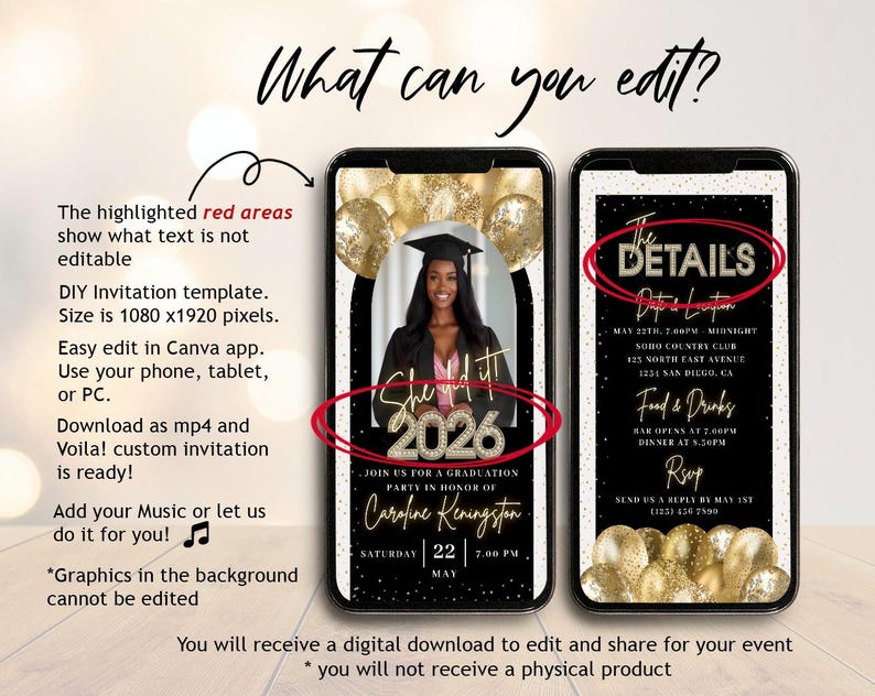 Digital Gold Black Graduation Invitation Template Class 2026 College ...