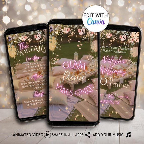 Animated Picnic Vibes Invitation Template Digital Summer Glam Birthday Evite Garden Picnic Brunch Party Invite Park Evite Outdoors Tea-Party