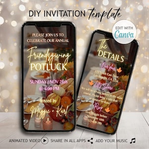 Digital Friendsgiving Potluck Party Invitation Template Editable Thanksgiving Dinner Invite Orange Pumpkin Video Invite Family Fall Evite