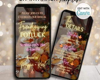 Digital Friendsgiving Potluck Party Invitation Template Editable Thanksgiving Dinner Invite Orange Pumpkin Video Invite Family Fall Evite