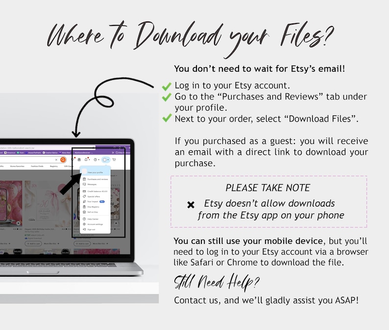 Etsy Digital Download Guide, How to Access Files, Etsy Purchase Help, Instant Download Instructions, Etsy Customer Support

Etsy Download