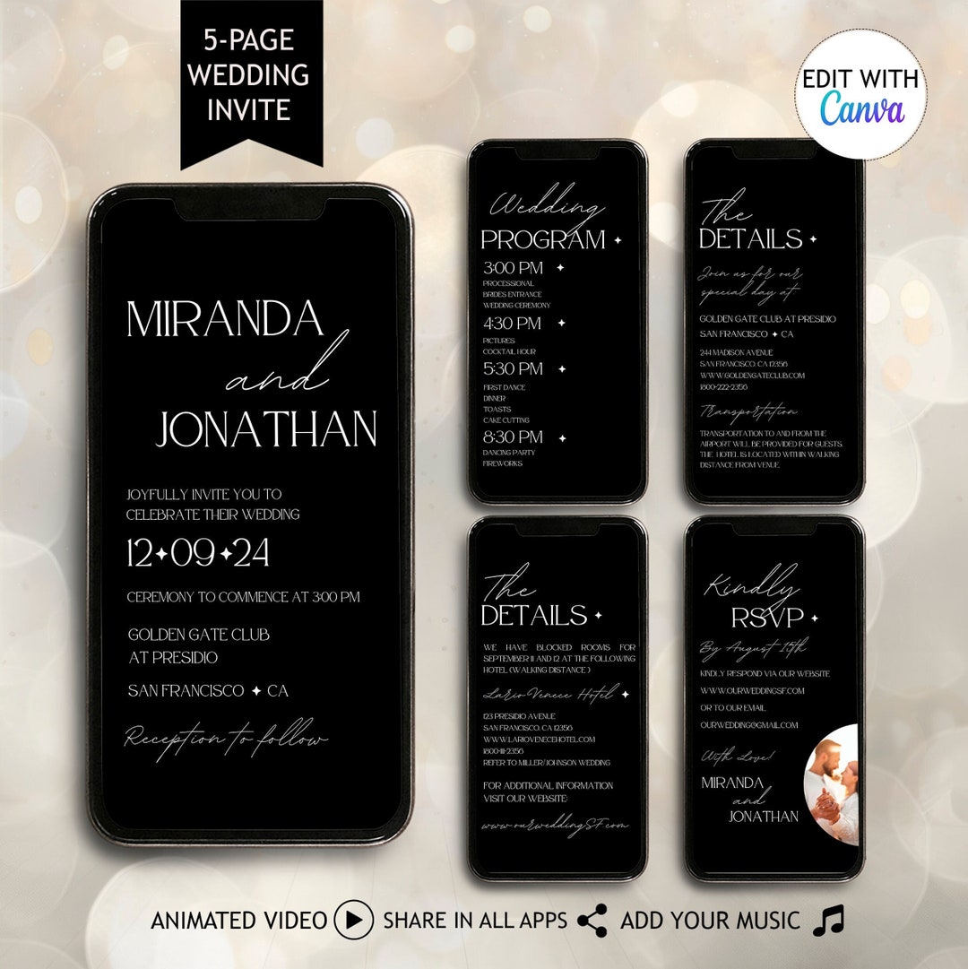 Electronic Black White Digital Wedding Video Invitation Editable Canva ...