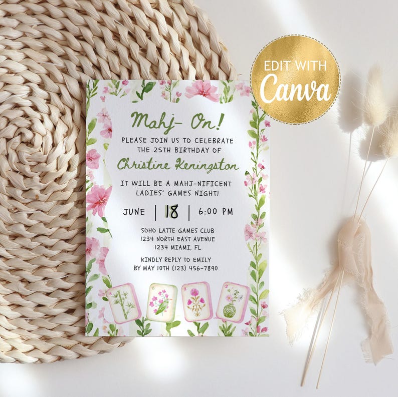 Floral Birthday Invitation Template, Editable Pink Flower Design, Spring Garden Party Invite, Printable Digital Download, Watercolor Mahjong Party Invitation Template ,Floral Mahj On Party Ladies Games Night Mahjong Lessons Invite, Grandmillennial Mahjong Invite